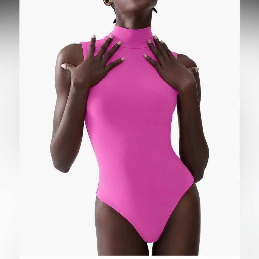NWOT Hot Pink Mockneck Thong Bodysuit, Women's Small
